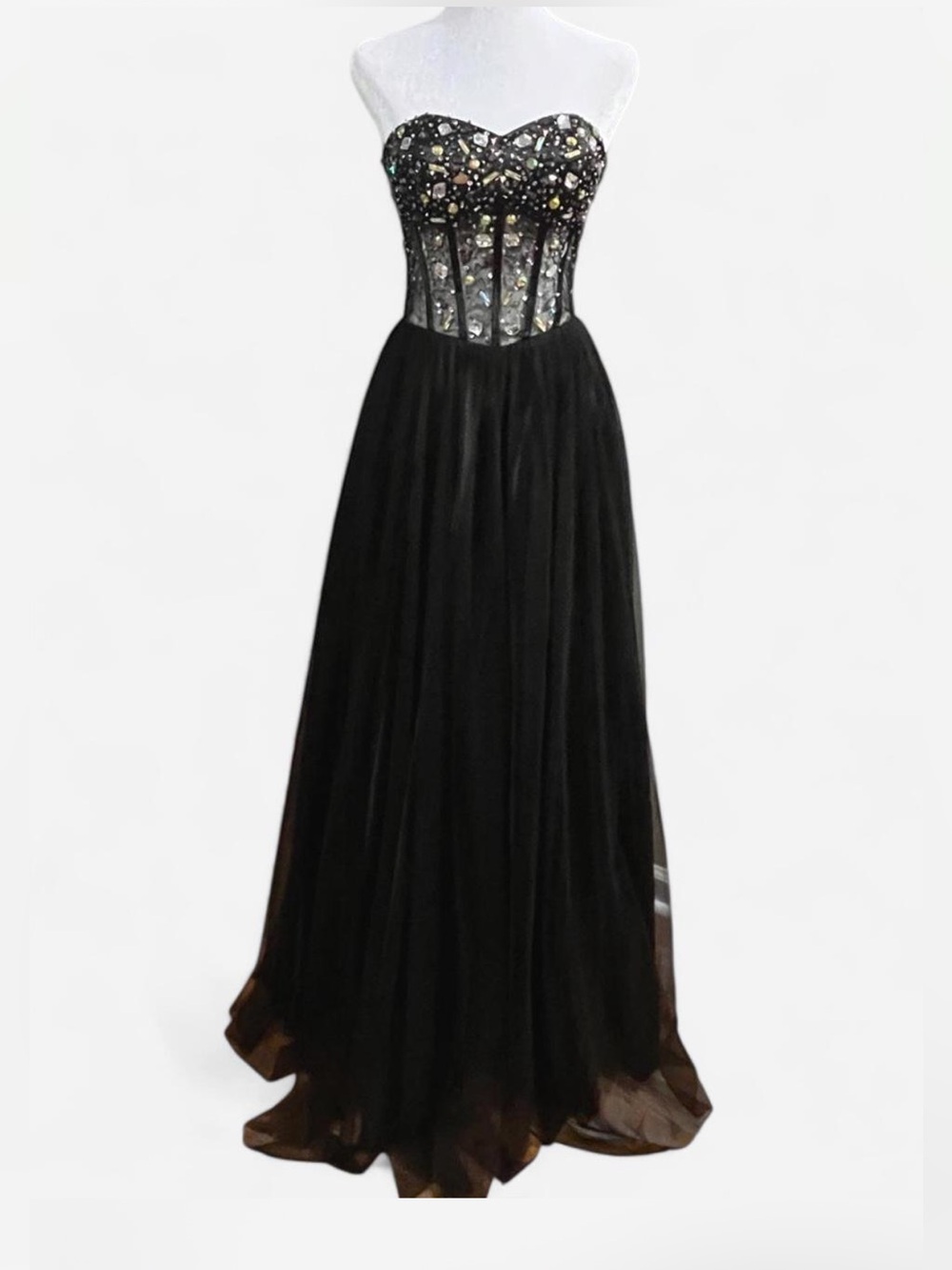 Black Beaded Strapless Tulle Evening Gown